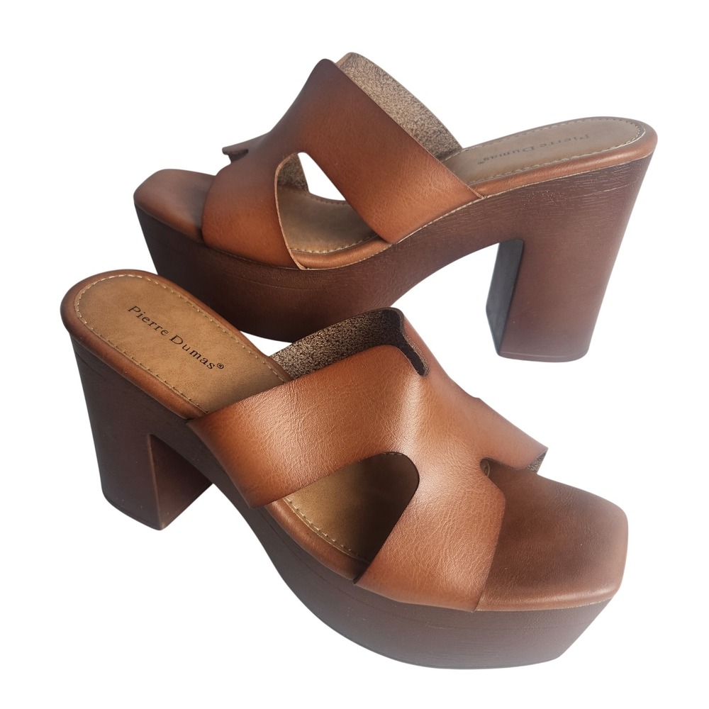 Pierre Dumas Brown Platform Slide Sandals Block Heel Mules Square Toe Size 9M